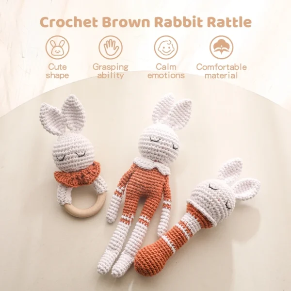 Brown Rabbit Crochet Rattle Toy Baby Comfort Toy Crochet Rabbit Doll Wooden Ring Teething Toy 3