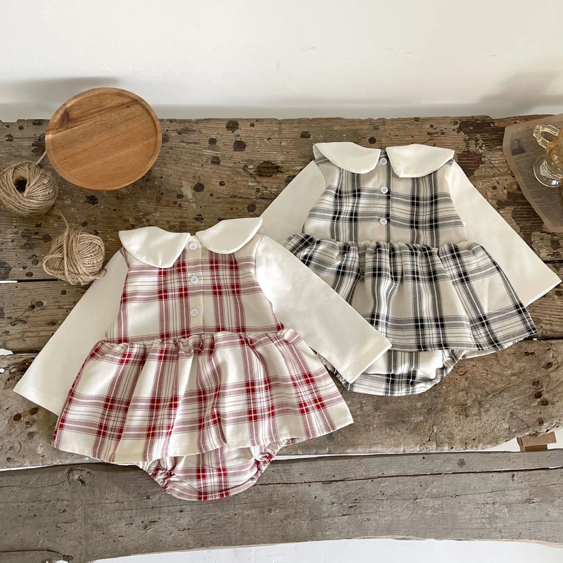 IYEAL Newborn Baby Girl Bodysuit Dresses Peter Pan Collar Princess Plaid Tutu Skirt Onesies Fall Clothes Outfits Lattice Clothes 2