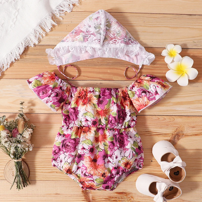 IYEAL  Newborn Infant Baby Girls Summer Lovely Pretty Bodysuit Off Shoulder Sleeveless Floral Print Jumpsuits + Hat