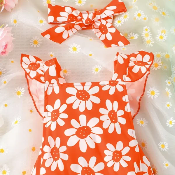 IYEAL  Summer Infant Baby Girl Bodysuit Flower Printed Flying Sleeve Triangle Bodysuit+ Headband 3-24M New Born Baby Clothes 4