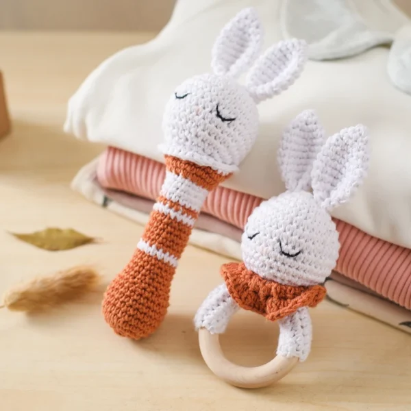 Brown Rabbit Crochet Rattle Toy Baby Comfort Toy Crochet Rabbit Doll Wooden Ring Teething Toy 6