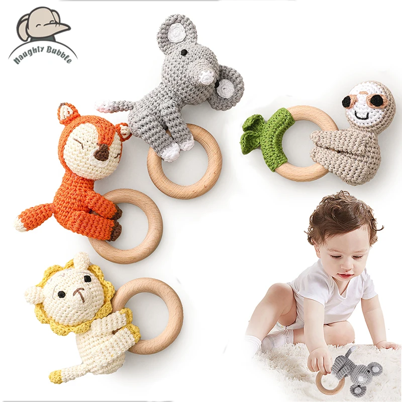 1PCS Cute Baby Toy Cartoon Crochet Animal Rattle New DIY Beech Wood Bracelet BPA Free Baby Teether Newborn Educational Toy Gifts 1