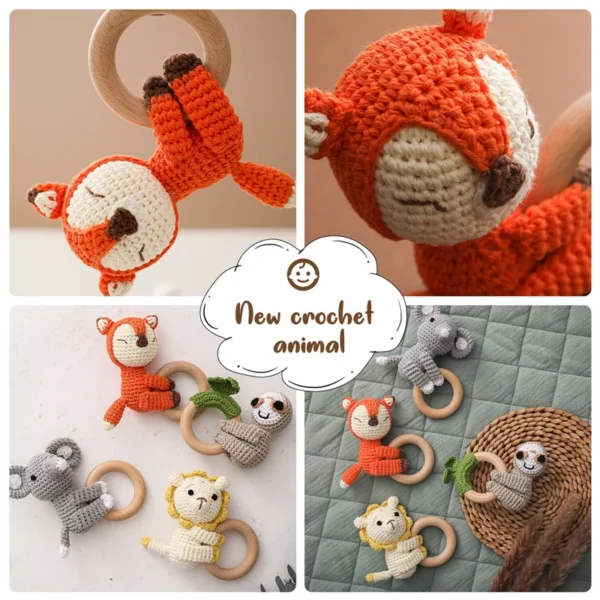 1PCS Cute Baby Toy Cartoon Crochet Animal Rattle New DIY Beech Wood Bracelet BPA Free Baby Teether Newborn Educational Toy Gifts 3