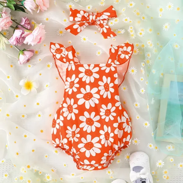 IYEAL  Summer Infant Baby Girl Bodysuit Flower Printed Flying Sleeve Triangle Bodysuit+ Headband 3-24M New Born Baby Clothes 2