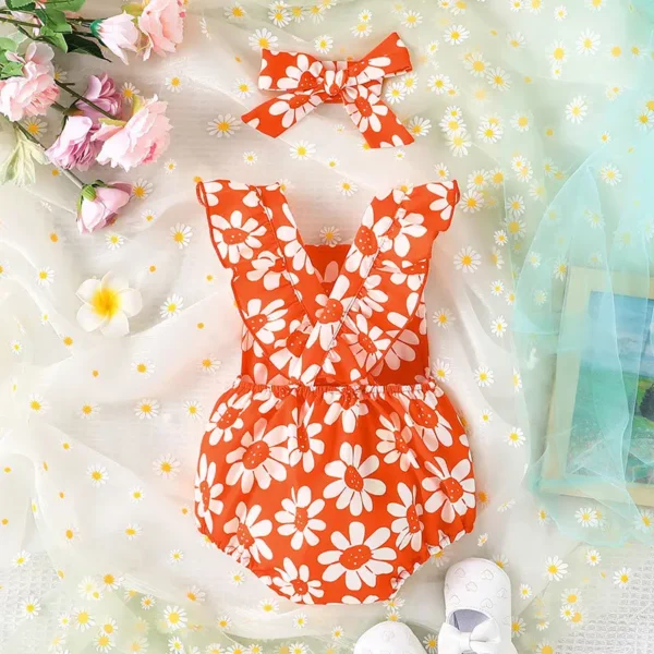 IYEAL  Summer Infant Baby Girl Bodysuit Flower Printed Flying Sleeve Triangle Bodysuit+ Headband 3-24M New Born Baby Clothes 3