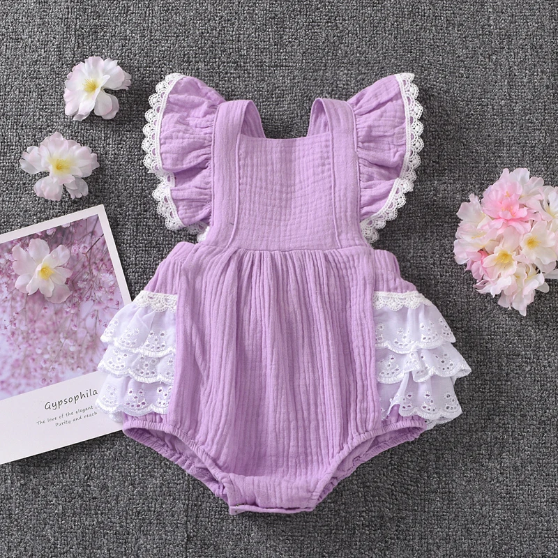 IYEAL Summer Newborn Baby Girl Princess Style Lace Fly Sleeve Bodysuits Cute Baby Girl Cotton One-piece Romper 8