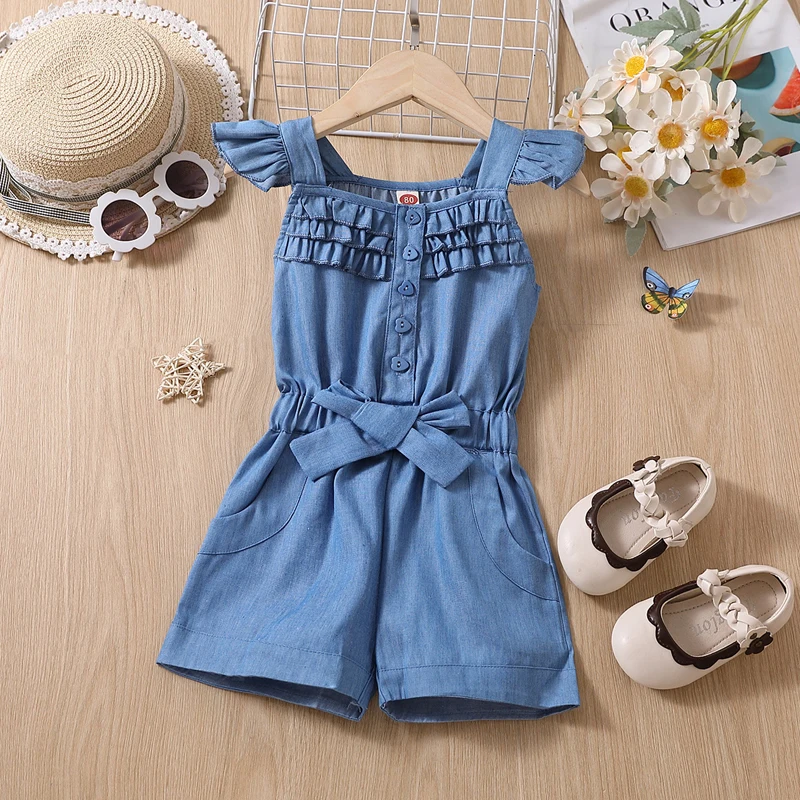 IYEAL Summer Girl Single Breasted Flying Sleeve Denim Romper Jumpsuit Playsuit Toddler Children Clothes Baby Climbing Suit 2