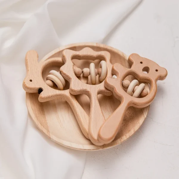 Custom Made Baby Wooden Rattle Toy Animal Hand Teething Ring Makes Sound Montessori Educational Toys