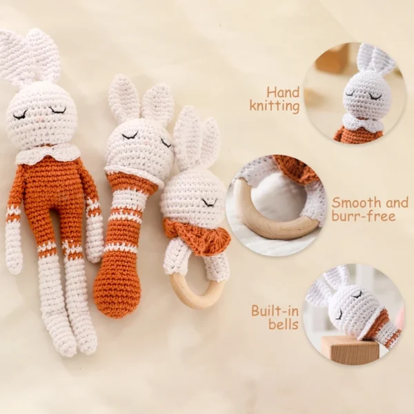 Brown Rabbit Crochet Rattle Toy Baby Comfort Toy Crochet Rabbit Doll Wooden Ring Teething Toy 2