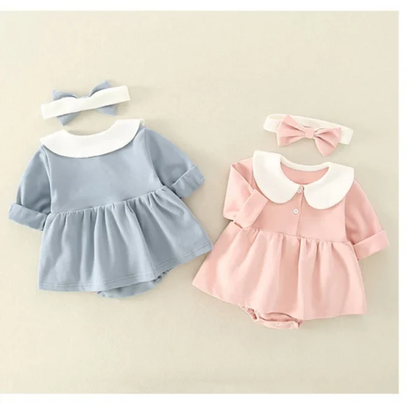 IYEAL2022 New Princess Newborn Baby Girl Clothes Cotton Long Sleeve Bodysuits Jumpsuit + Headband Peter Pan Collar Dress Outfits