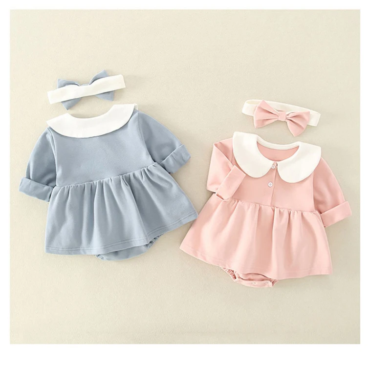 IYEAL2022 New Princess Newborn Baby Girl Clothes Cotton Long Sleeve Bodysuits Jumpsuit + Headband Peter Pan Collar Dress Outfits