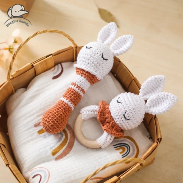 Brown Rabbit Crochet Rattle Toy Baby Comfort Toy Crochet Rabbit Doll Wooden Ring Teething Toy 1