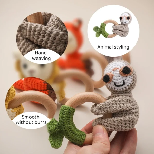 1PCS Cute Baby Toy Cartoon Crochet Animal Rattle New DIY Beech Wood Bracelet BPA Free Baby Teether Newborn Educational Toy Gifts 4