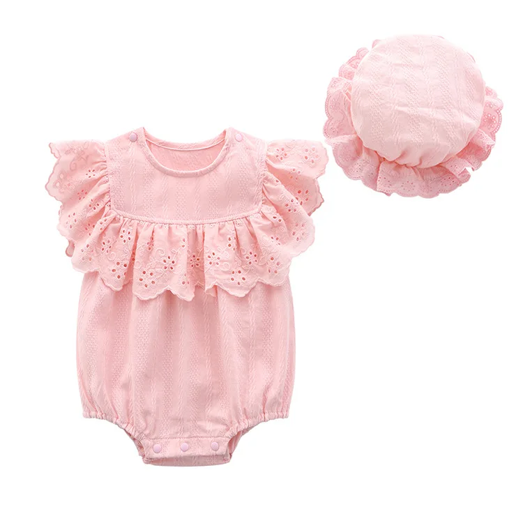 IYEAL Toddler Baby Girls Clothes Summer Flying Sleeveless Cotton Newborn Baby Bodysuits With Hat One Piece Lace Jumpsuit 0-12M