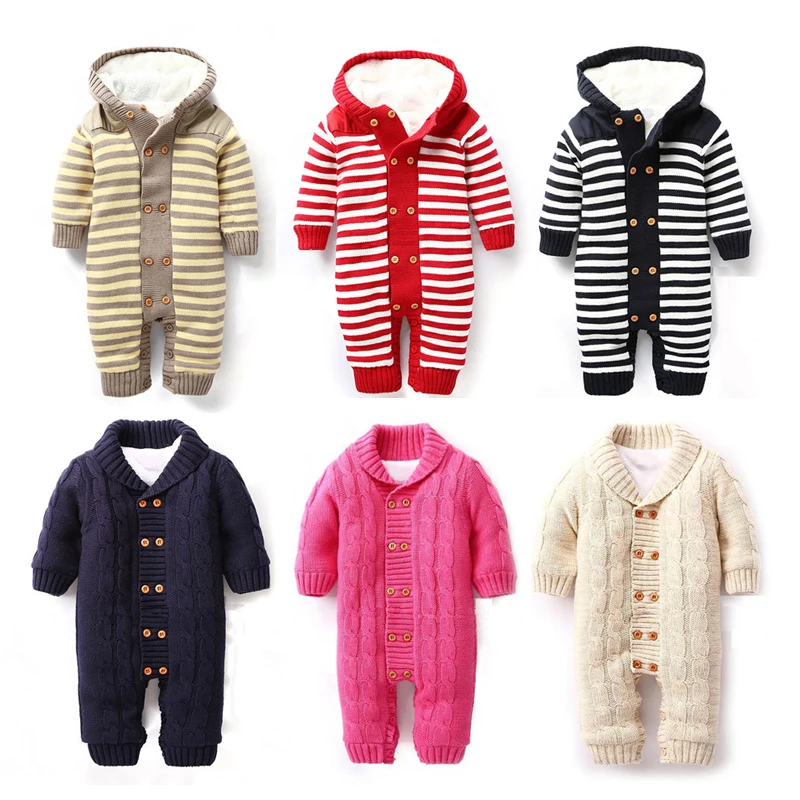 IYEAL Newborn Autumn Baby Rompers Thickened Winter Striped Hooded Knitted Sweater Warm Overalls Fleece Coat for Baby Girl Boy 2