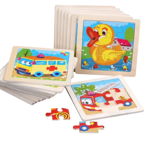 Rompecabezas de madera Tangram para niños, juguetes educativos de 11x11cm, animales de dibujos animados, tráfico, regalos 3