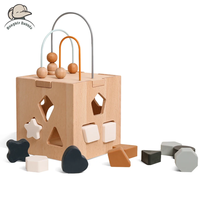 Caja de madera de silicona para niños pequeños, juguete Montessori de bloques de forma geométrica, juego educativo de apilamiento 1